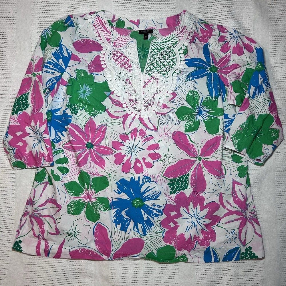 Talbots Cotton Tunic Top Lace Bib Floral Tropical Beachy Lightweight Women 1X